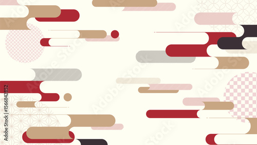 16:9の和モダンな背景素材：日本の伝統的な柄と霞のある風景のイラスト