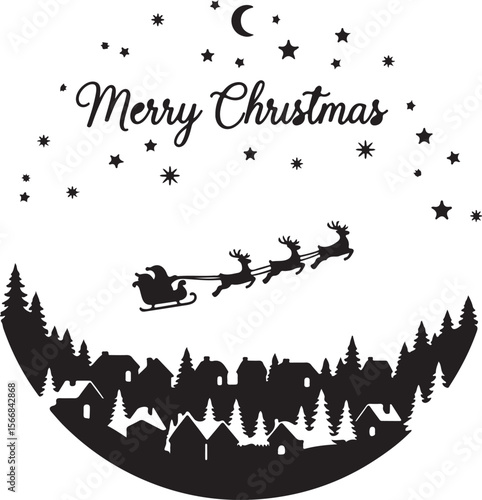 Merry Christmas Santa's Night Flight Over Snowy Village