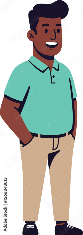 Fototapeta premium Man standing smiling with hands in pockets wearing turquoise shirt and beige pants casual style vector illustration
