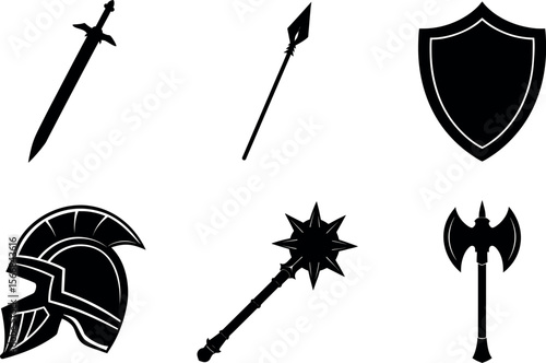 Collection of medieval weapons and armor silhouette vector illustration