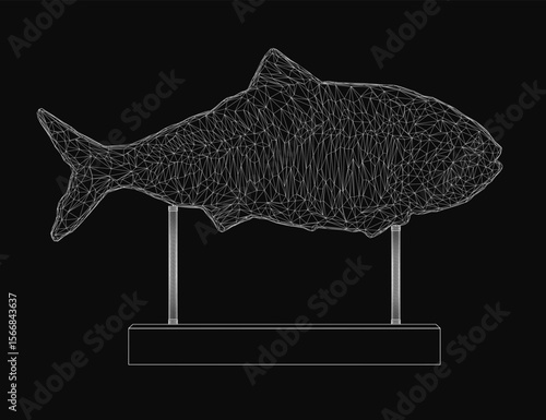 A wireframe fish figurine with intricate details of fins, scales, and eyes stands out against a black background. The stark contrast highlights the delicate white structure.