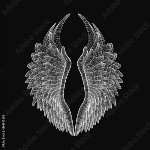 White angel wings with intricate details stand out against a stark black background. Each wing has a unique shape and texture, creating a dramatic contrast.