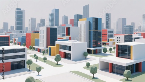 Colorful Low-Poly Cityscape: 3D Render of Modern Architecture, Urban Design, and Building Blocks