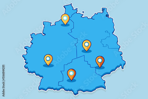 Blue Germany map with orange location pins travel navigation