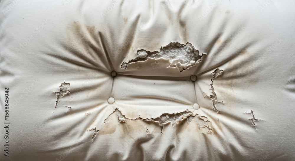 Obraz premium Close-up of a severely damaged, ripped, and stained white tufted mattress, revealing exposed stuffing and decay.
