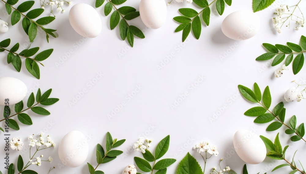 Naklejka premium White eggs and green sprigs create a border on a bright surface