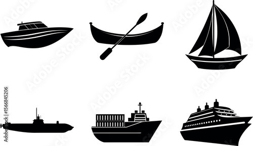 Collection of various types of boats silhouette vector illustration