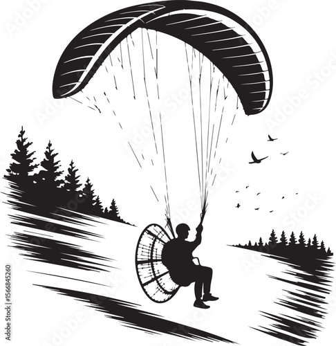 Skydiver Freefall Silhouette Over Mountains

Parachutist Deploying Canopy Vector Design

Tandem Skydiving Silhouette Scene

Parachute Opening in Midair Vector Art

Landing Parachutist Silhouette Illus