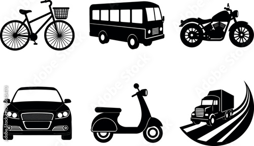 Collection of different vehicles black silhouette vector illustration
