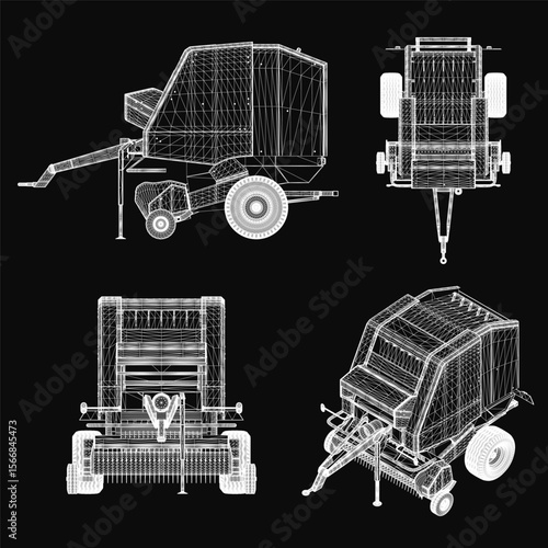 A 3D wireframe model of a combine harvester stands out against a black background, showcasing intricate details of the farming equipment. The realistic rendering highlights the complex machinery used.