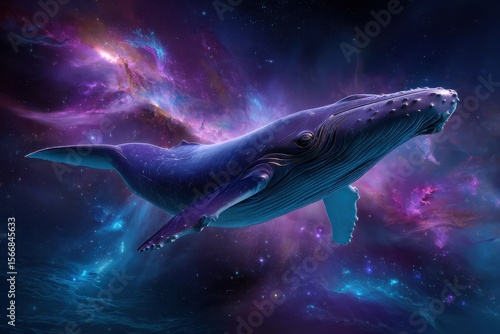 Humpback whale gracefully swimming through a vibrant cosmic environment with swirling colors and stars in the background