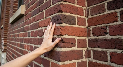 A close-up of a human hand gently touching the rough, textured surface of a red brick wall corner on an old building.