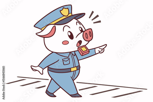 Vector cute Pig cartoon character, dressed as a police officer, directing traffic, authoritative yet friendly expression, city street hint, clear signals, isolated on white background