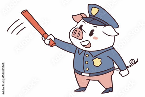 Vector cute Pig cartoon character, dressed as a police officer, directing traffic, authoritative yet friendly expression, city street hint, clear signals, isolated on white background
