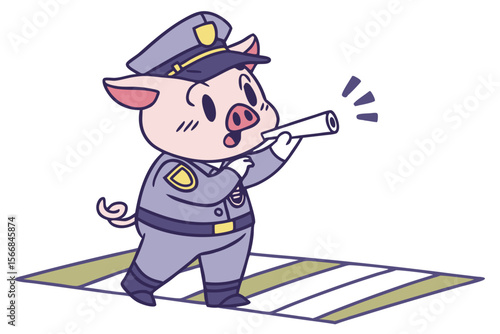 Vector cute Pig cartoon character, dressed as a police officer, directing traffic, authoritative yet friendly expression, city street hint, clear signals, isolated on white background