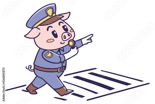 Vector cute Pig cartoon character, dressed as a police officer, directing traffic, authoritative yet friendly expression, city street hint, clear signals, isolated on white background