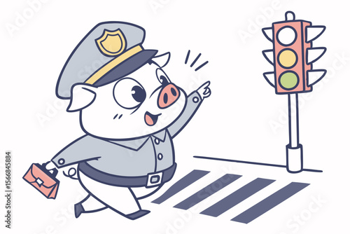 Vector cute Pig cartoon character, dressed as a police officer, directing traffic, authoritative yet friendly expression, city street hint, clear signals, isolated on white background
