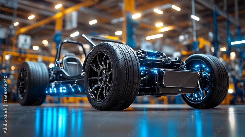 Fototapeta premium futuristic electric car chassis assembly in factory setting