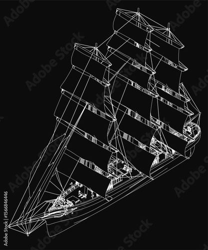 A tall ship 3D model blueprint features detailed sails, masts, and hull on a black background. The intricate design highlights classic sailing vessel craftsmanship.