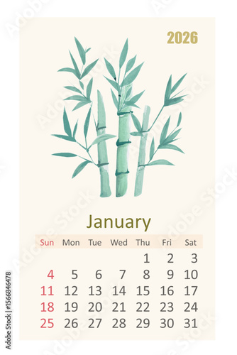 watercolor 2026 calendar page for January. east painting of bamboo branches