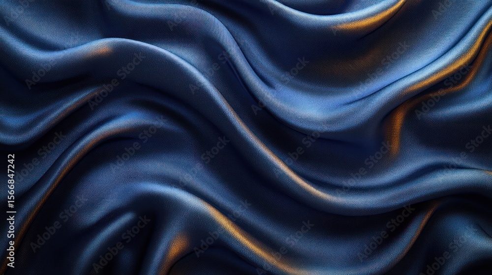 Fototapeta premium Deep blue satin fabric flows and ripples, showcasing its luxurious texture and sheen
