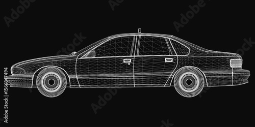 A sleek 3D model of a taxi car displayed on a black background highlights its modern design and clean lines. The detailed rendering showcases the vehicle's contours, headlights, and smooth bodywork.