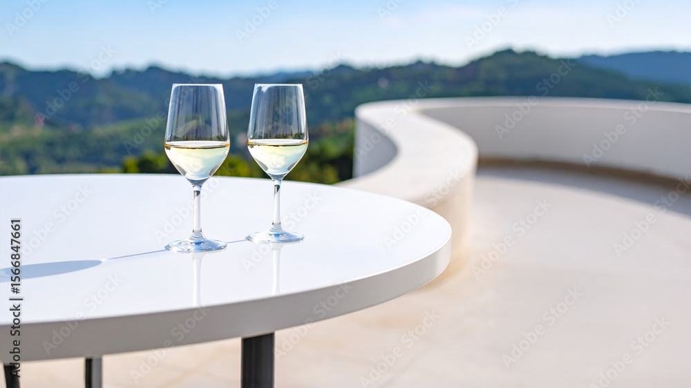 Obraz premium Two elegant wine glasses, filled with white wine, stand on a round white table on a modern outdoor terrace, with a blurred scenic background of green mountains under a bright, sunny sky. Ideal for the