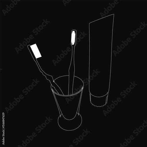 Two toothbrushes rest beside a glass of water on a sleek black background. The clear liquid in the glass reflects light, emphasizing cleanliness. The brushes are neatly aligned.