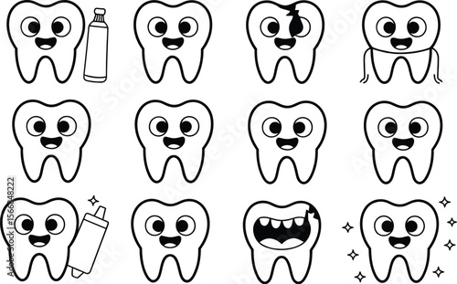 Cartoon teeth arranged in a grid pattern with some teeth having toothpaste and some with damage depicted