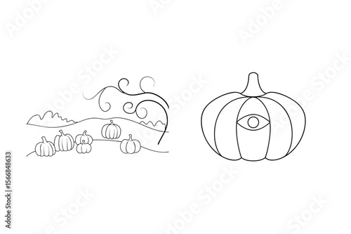 Autumn pumpkins with swirling vines and an eye gourd