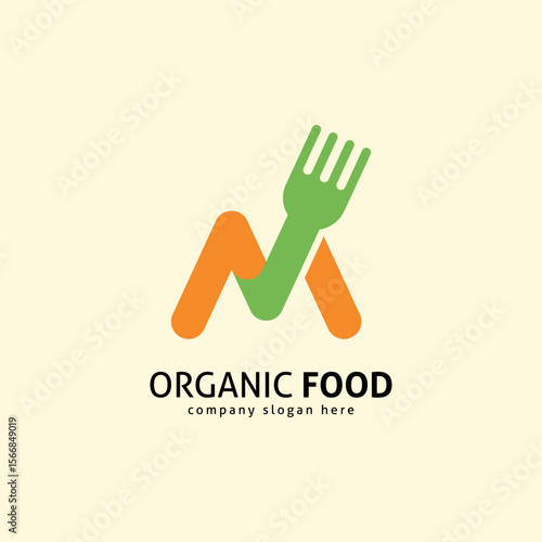 M Letter Food Logo. Abstract Fork Monogram Symbol for Restaurant and Organic Meal Brand.