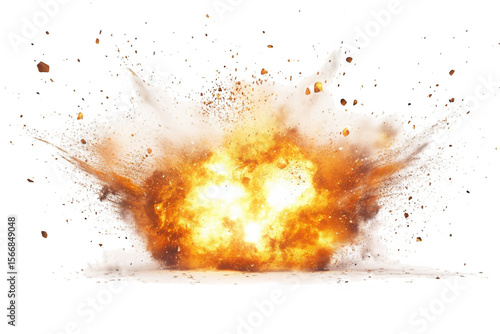 Explosion bursting with fire and debris isolated on transparent background