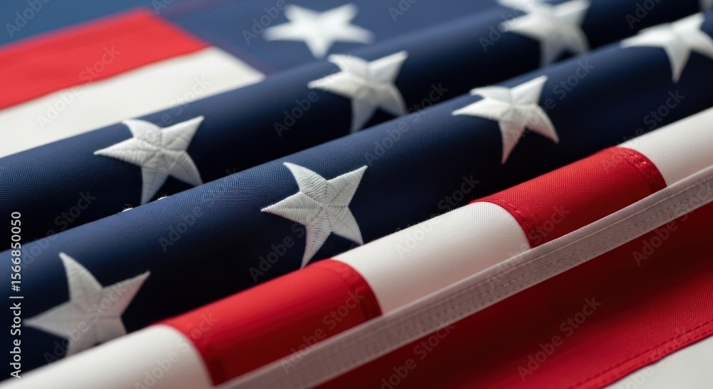 Fototapeta premium Close-up of a waving American flag showing the stars and stripes, with folds creating shadows.