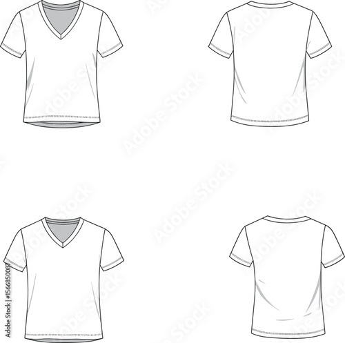 Short-sleeved v-neck t-shirt front and back sketch, men’s basic shirt design, casual wear outline, fashion garment template, minimal illustration
