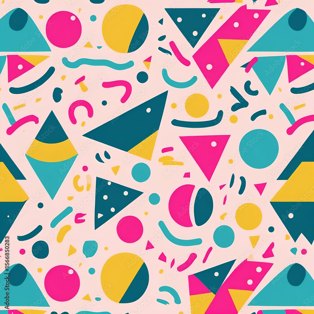 Abstract geometric pattern pink teal yellow triangles circles background Abstract geometric pattern pink teal yellow triangles circles background
