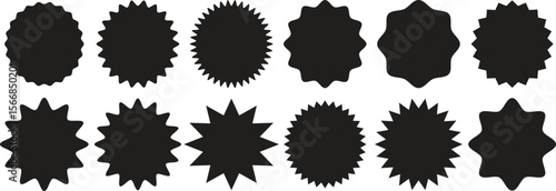 Starburst sale price stickers and labels, star and rosette, sunburst, callout and splash, stamp and tag badges. Isolated vector circle and oval red stickers, promo labels and tags with scalloped edge.