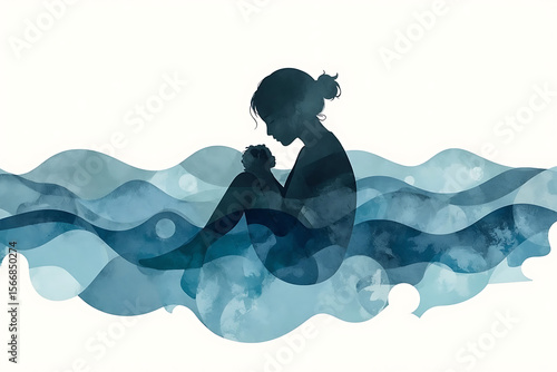 Mother and Child Wrapped in Gentle Layers of Watercolor Waves Like a Visual Blanket of Safety and Healing, Symbolizing Nurture, Calm, and Deep Emotional Bond. AI-generated