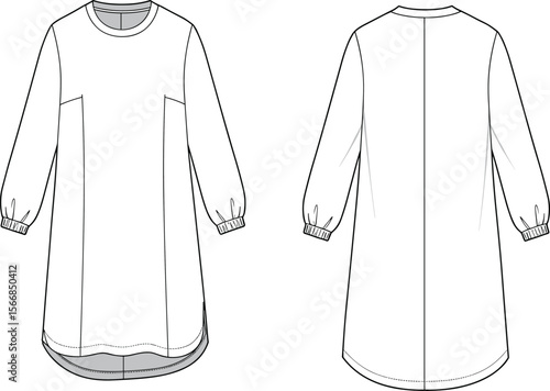 Long-sleeved tunic dress technical sketch front and back view, round neckline, elastic cuffs, high-low hemline, center back seam garment template