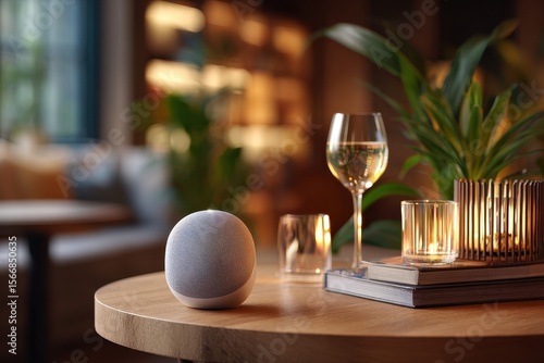 Fototapeta Naklejka Na Ścianę i Meble -  Cozy evening with smart speaker, candles, and glass of wine in a modern living space