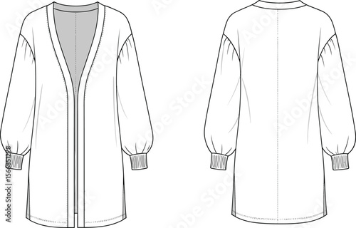 Cardigan technical sketch front and back view, V-neckline, ribbed cuffs, center back seam, long sleeves, curved hem, fashion garment illustration template