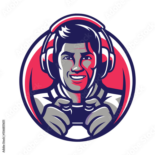 Smiling gamer with headphones, holding a controller