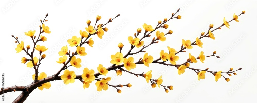 Yellow Blossom Branch on White Background for Spring and Nature Themes Yellow Blossom Branch on White Background for Spring and Nature Themes