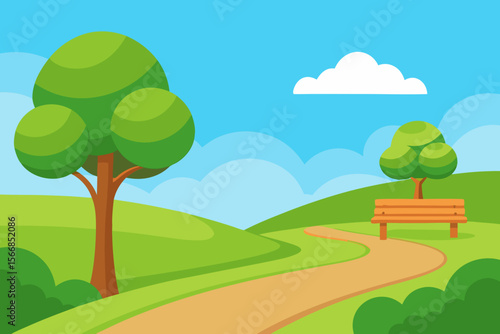 A Breathtaking Cartoon Park Scene On A Sunny Day With A Curvy Path And Green Trees