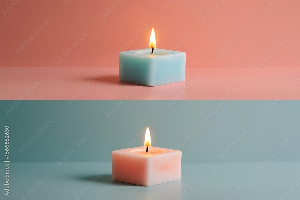 Illuminating Tranquility Two Square Candles Glow with Gentle Flames on Split Color Backgrounds Evoking Serenity and Warmth Illuminating Tranquility Two Square Candles Glow with Gentle Flames on Split Color Backgrounds Evoking Serenity and Warmth