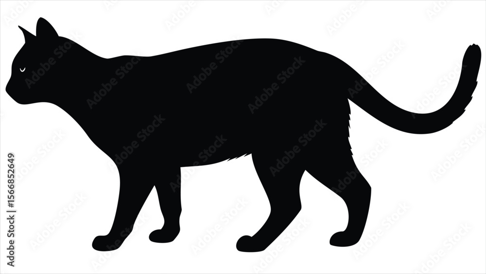 Obraz premium A sleek black cat silhouette is captured in profile, showcasing its elegant form and graceful posture against a clean white background.