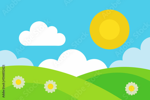 A Beautiful And Bright Cartoon Summer Scene With Rolling Green Hills And A Blue Sky