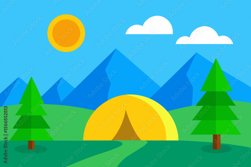 A Fun And Cheerful Cartoon Landscape Of A Campsite By A Lake With A Small Blue Tent A Fun And Cheerful Cartoon Landscape Of A Campsite By A Lake With A Small Blue Tent
