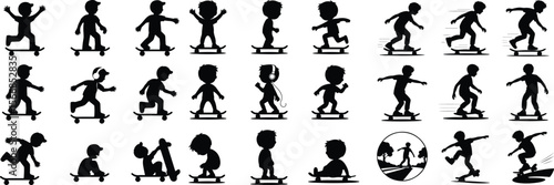 Skateboarding Kid Vector Icons – Dynamic Silhouette Set Boy on Skateboard Silhouette Set – Cool Skater Icon Collection