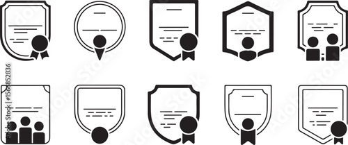 Certificate and Badge Icon Set – Outline and Solid Style Award Icons for Achievement, Honor, and Certification