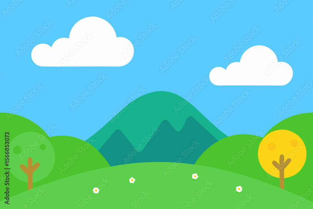Fototapeta premium A Sweet And Cute Flat Landscape For Children With Smooth Hills And A Smiling Sun